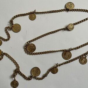 Vintage Gold Tone Faux French Franc Coin Charm Chain Necklace Chunky Chic